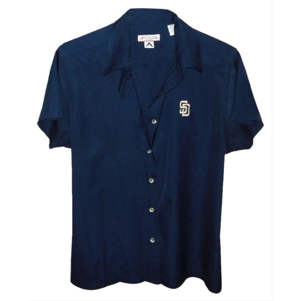 Antigua SD San Diego Padres Baseball Button-Up V-Neck Navy Sporty Buttondown Top